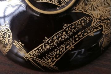 アンティーク雑貨　アンティーク　大正〜昭和初期　鶴亀の図　沈金蒔絵木製椀9客