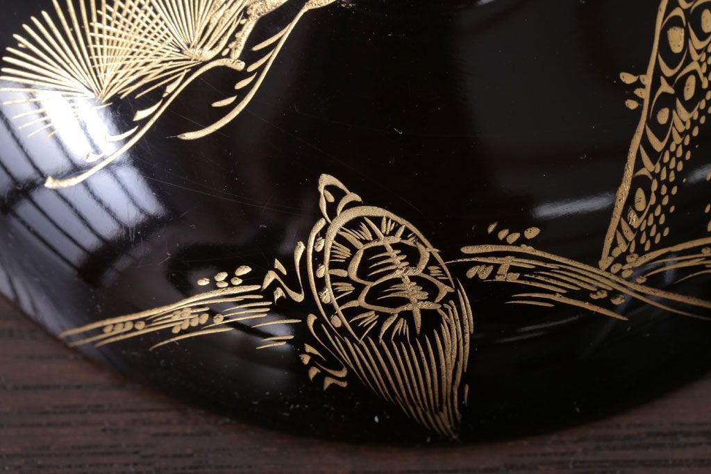 アンティーク雑貨　アンティーク　大正〜昭和初期　鶴亀の図　沈金蒔絵木製椀9客