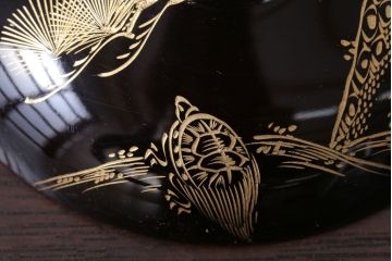 アンティーク雑貨　アンティーク　大正〜昭和初期　鶴亀の図　沈金蒔絵木製椀9客