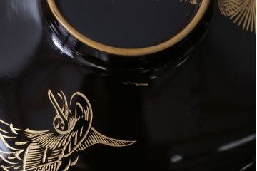 アンティーク雑貨　アンティーク　大正〜昭和初期　鶴亀の図　沈金蒔絵木製椀9客