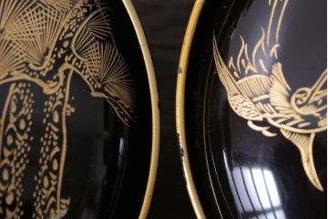 アンティーク雑貨　アンティーク　大正〜昭和初期　鶴亀の図　沈金蒔絵木製椀9客