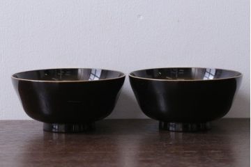 アンティーク雑貨　アンティーク　大正〜昭和初期　鶴亀の図　沈金蒔絵木製椀9客