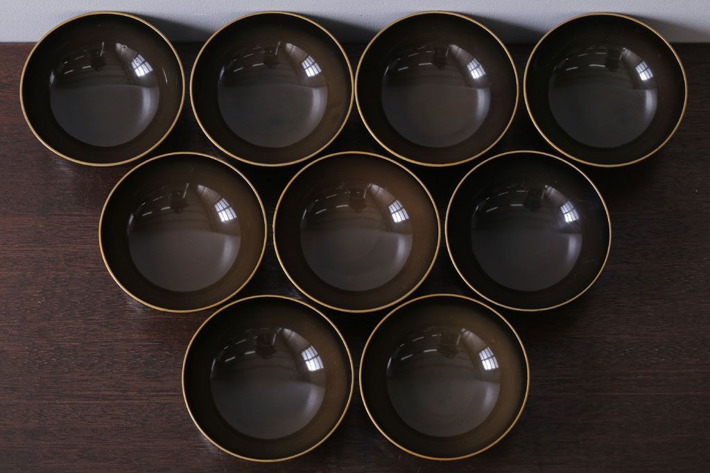 アンティーク雑貨　アンティーク　大正〜昭和初期　鶴亀の図　沈金蒔絵木製椀9客