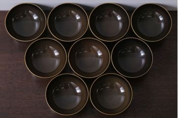 アンティーク雑貨　アンティーク　大正〜昭和初期　鶴亀の図　沈金蒔絵木製椀9客