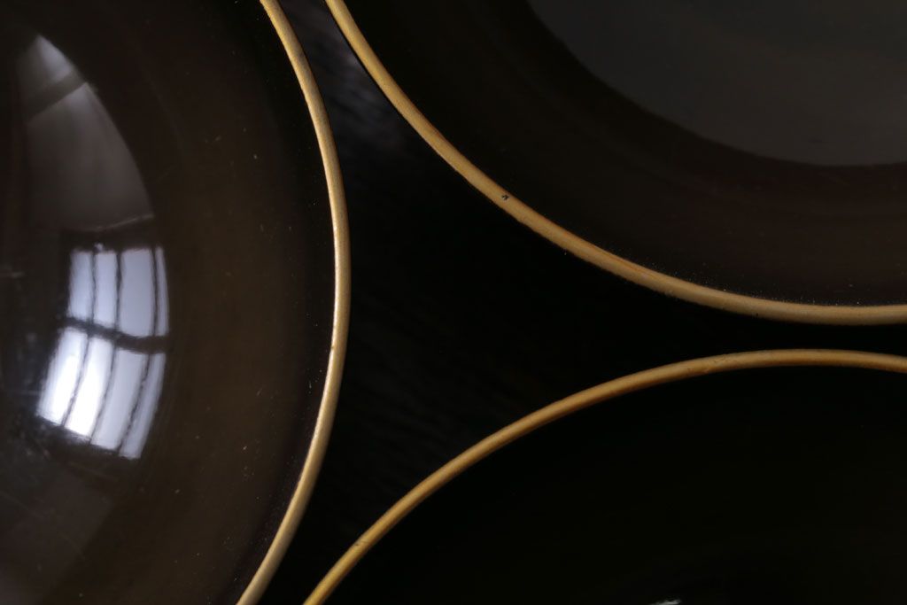 アンティーク雑貨　アンティーク　大正〜昭和初期　鶴亀の図　沈金蒔絵木製椀9客