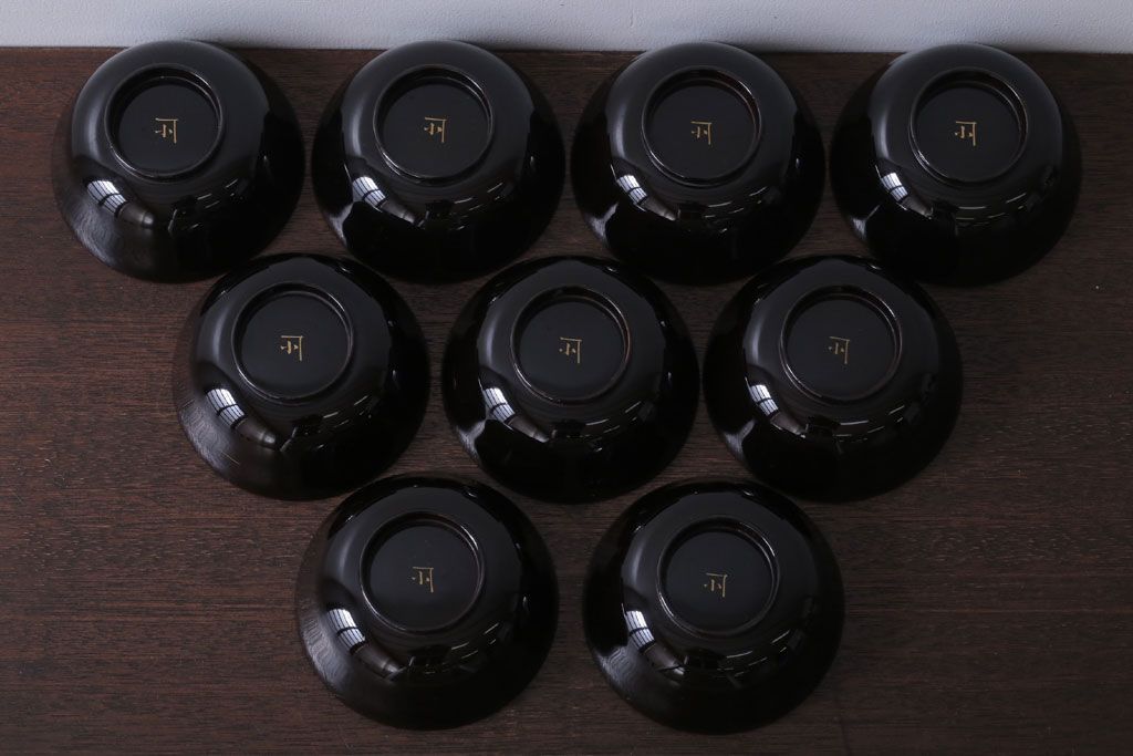 アンティーク雑貨　アンティーク　大正〜昭和初期　鶴亀の図　沈金蒔絵木製椀9客