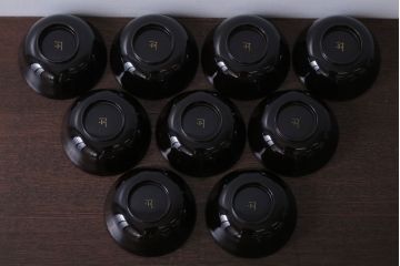 アンティーク雑貨　アンティーク　大正〜昭和初期　鶴亀の図　沈金蒔絵木製椀9客