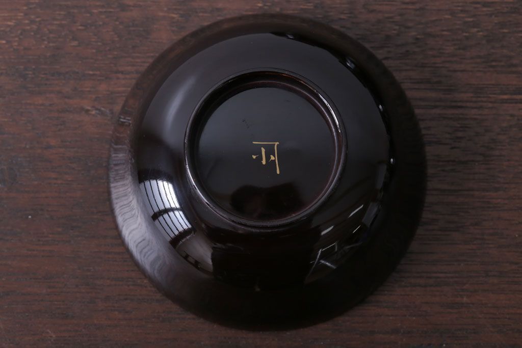 アンティーク雑貨　アンティーク　大正〜昭和初期　鶴亀の図　沈金蒔絵木製椀9客