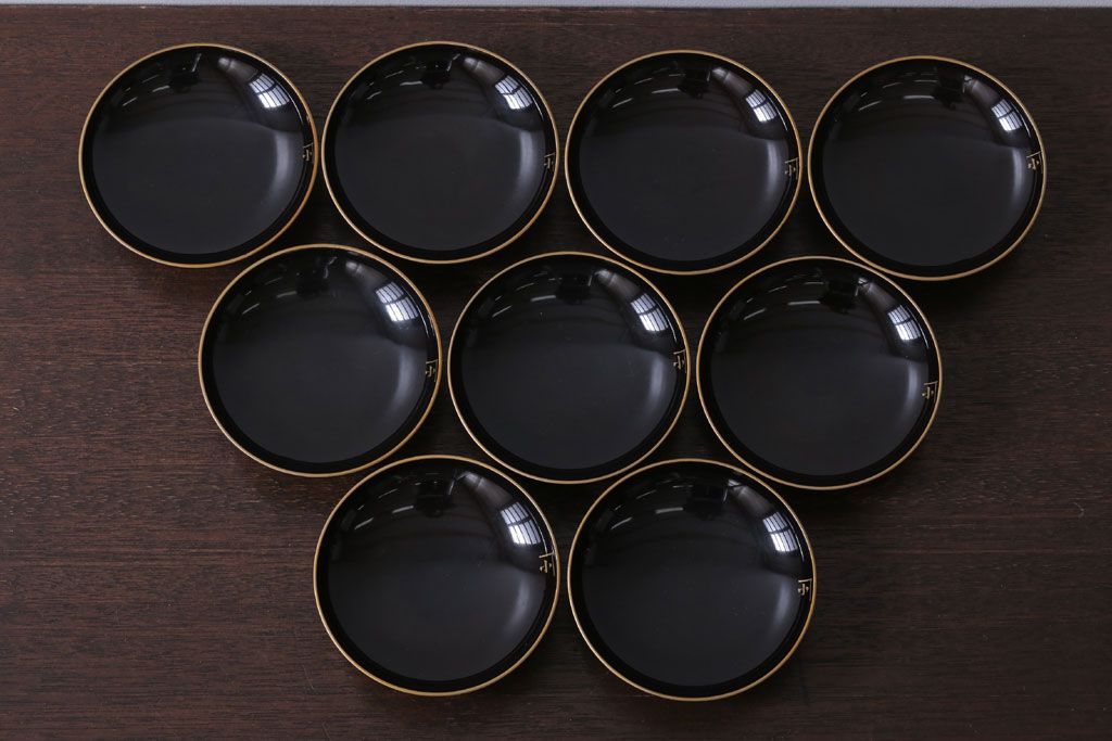 アンティーク雑貨　アンティーク　大正〜昭和初期　鶴亀の図　沈金蒔絵木製椀9客