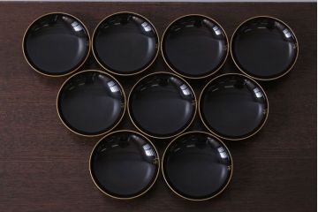 アンティーク雑貨　アンティーク　大正〜昭和初期　鶴亀の図　沈金蒔絵木製椀9客