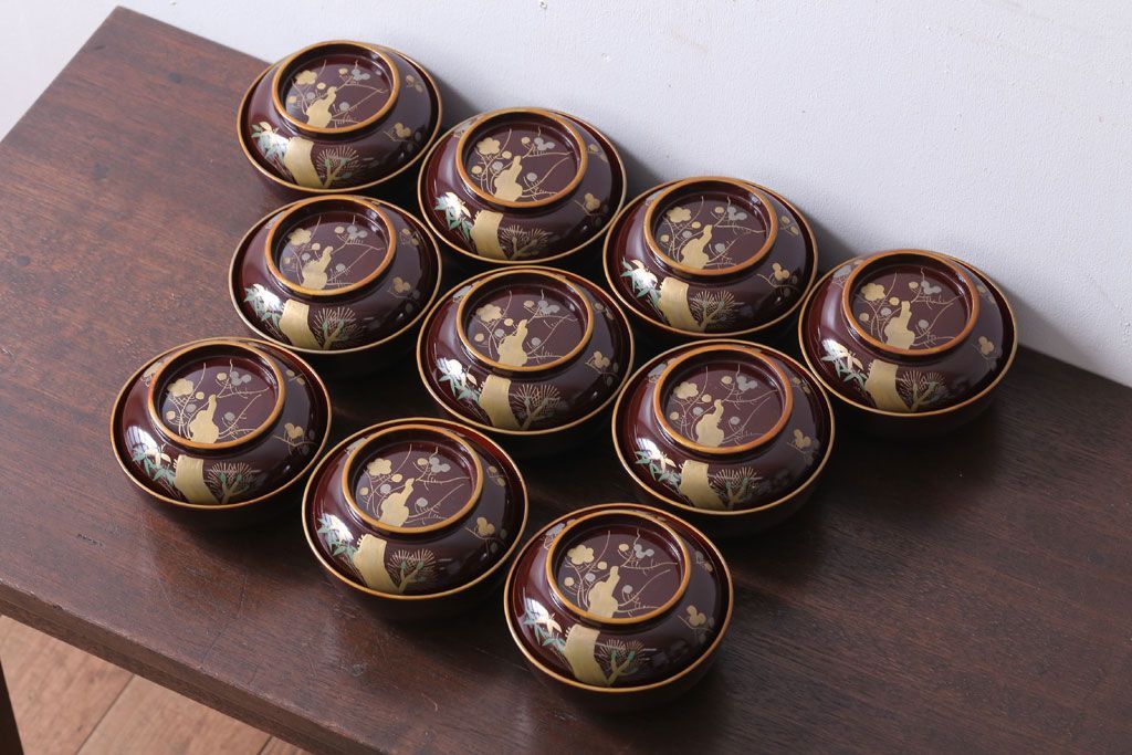 アンティーク雑貨　アンティーク　大正〜昭和初期!古い蒔絵の木製椀10客
