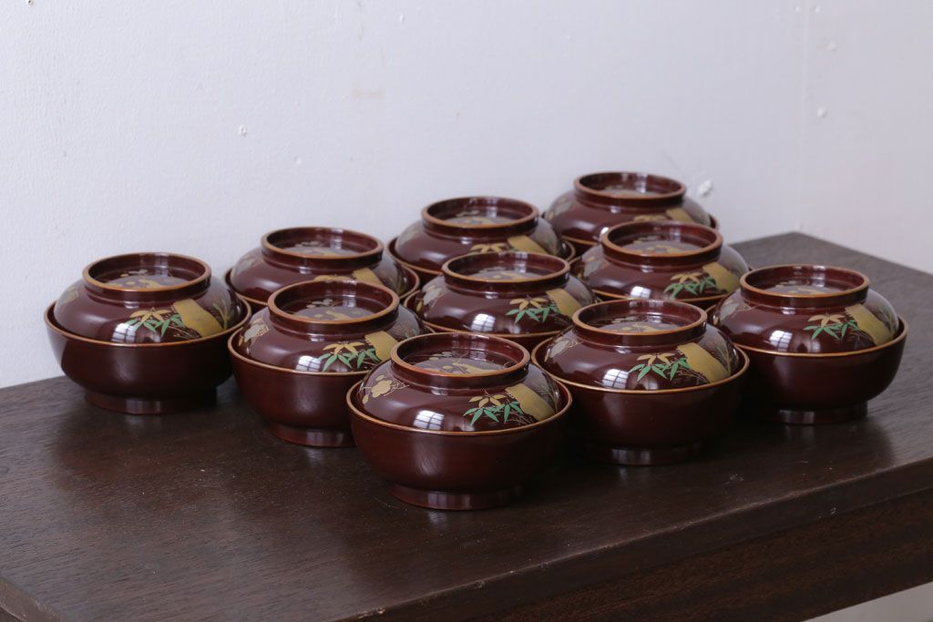 アンティーク雑貨　アンティーク　大正〜昭和初期!古い蒔絵の木製椀10客