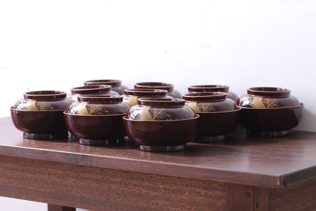 アンティーク雑貨　アンティーク　大正〜昭和初期!古い蒔絵の木製椀10客