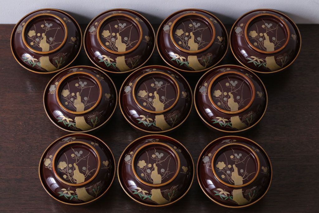 アンティーク雑貨　アンティーク　大正〜昭和初期!古い蒔絵の木製椀10客