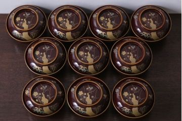 アンティーク雑貨　アンティーク　大正〜昭和初期!古い蒔絵の木製椀10客