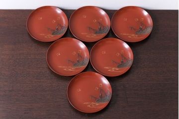 アンティーク雑貨　アンティーク　大正〜昭和初期!千鳥の図　木製蒔絵皿6枚(漆器)