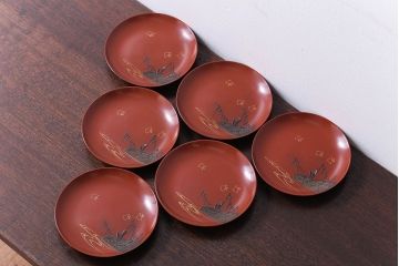 アンティーク雑貨　アンティーク　大正〜昭和初期!千鳥の図　木製蒔絵皿6枚(漆器)