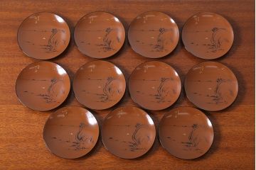 アンティーク　大正〜昭和初期!沈金蒔絵木製皿11枚(漆器)