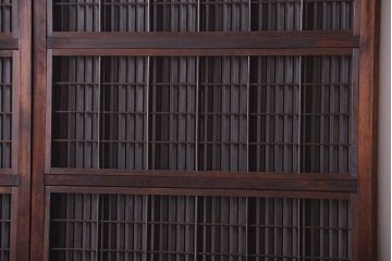 古民具・骨董　裏障子付き!古い木のガラス帯格子戸2枚セット