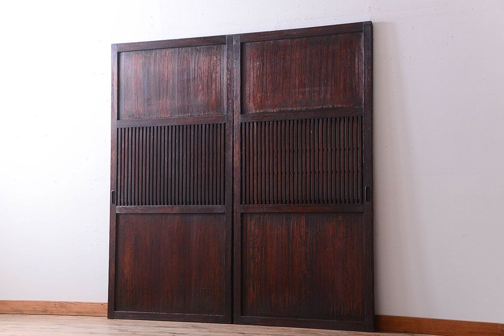古民具・骨董　明治〜大正期　裏結霜ガラス入り!古い格子帯戸2枚セット(ガラス帯戸)