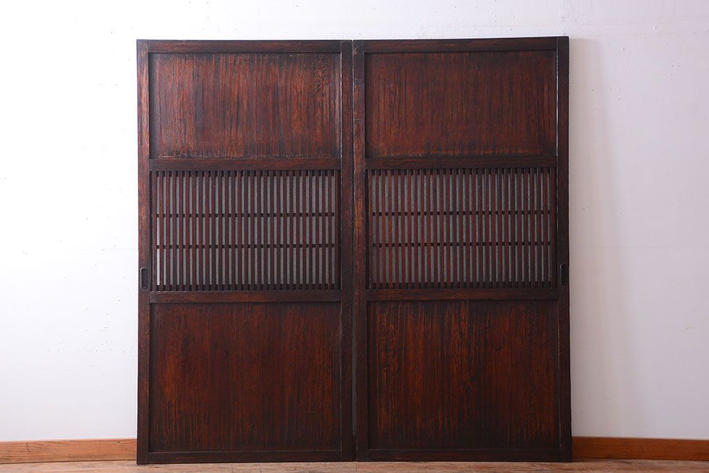 古民具・骨董　明治〜大正期　裏結霜ガラス入り!古い格子帯戸2枚セット(ガラス帯戸)