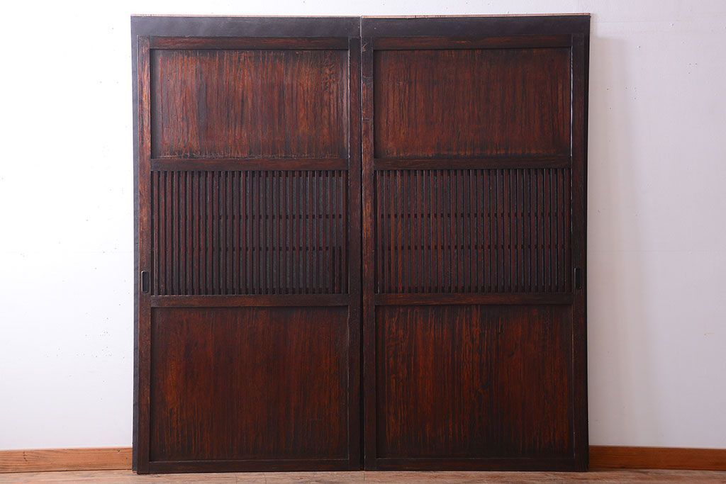 古民具・骨董　明治〜大正期　裏結霜ガラス入り!古い格子帯戸2枚セット(ガラス帯戸)