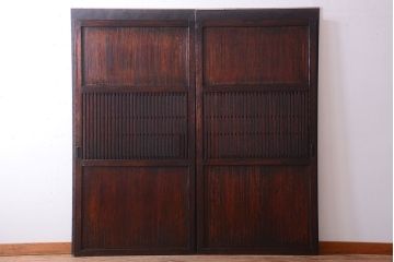 古民具・骨董　明治〜大正期　裏結霜ガラス入り!古い格子帯戸2枚セット(ガラス帯戸)