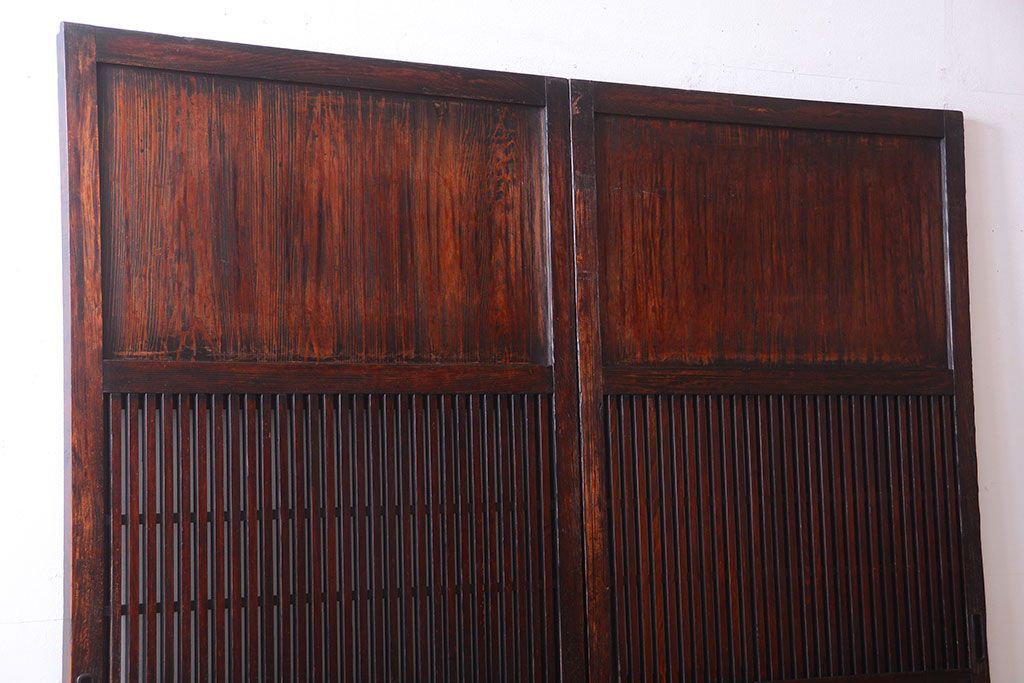 古民具・骨董　明治〜大正期　裏結霜ガラス入り!古い格子帯戸2枚セット(ガラス帯戸)