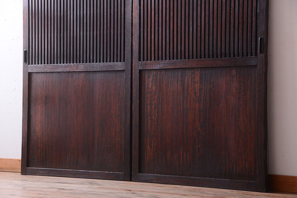 古民具・骨董　明治〜大正期　裏結霜ガラス入り!古い格子帯戸2枚セット(ガラス帯戸)