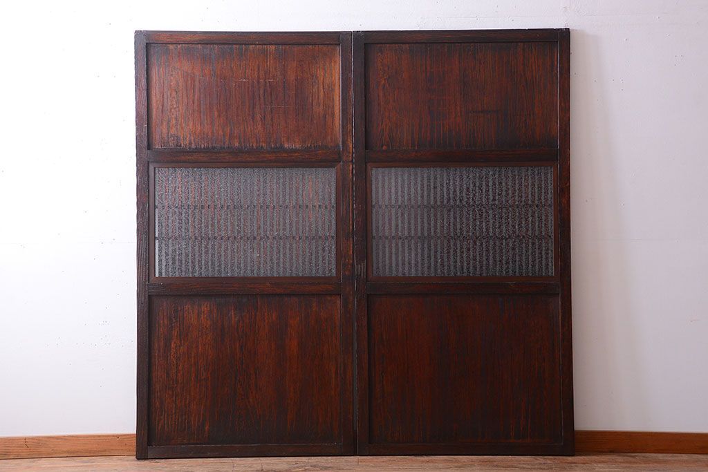 古民具・骨董　明治〜大正期　裏結霜ガラス入り!古い格子帯戸2枚セット(ガラス帯戸)