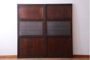 古民具・骨董　明治〜大正期　裏結霜ガラス入り!古い格子帯戸2枚セット(ガラス帯戸)