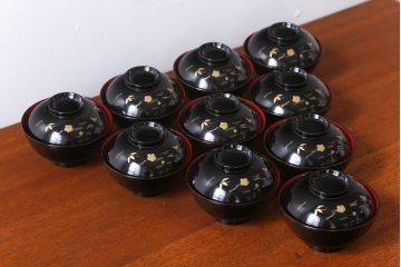 アンティーク雑貨　アンティーク　昭和初期　蒔絵木製椀10客(漆器)(1)