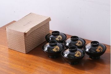 アンティーク雑貨　和製アンティーク　大正〜昭和初期　輪島塗木製蒔絵椀5客(2)