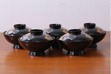 アンティーク雑貨　和製アンティーク　大正〜昭和初期　輪島塗木製蒔絵椀5客(2)
