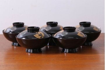 アンティーク雑貨　和製アンティーク　大正〜昭和初期　輪島塗木製蒔絵椀5客(3)