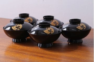 アンティーク雑貨　和製アンティーク　大正〜昭和初期　輪島塗木製蒔絵椀5客(3)