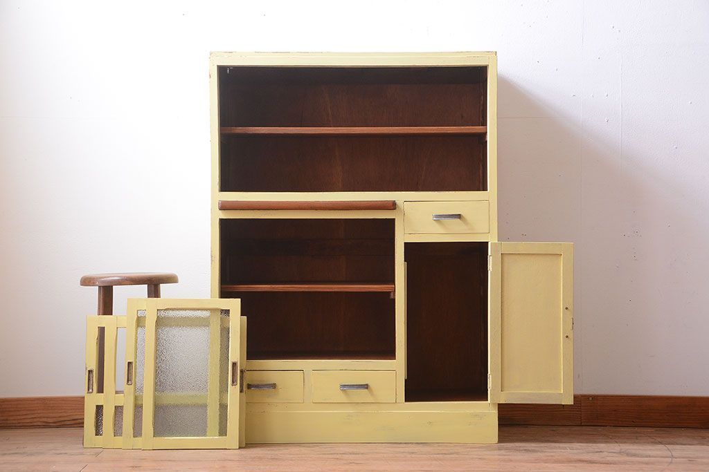 アンティーク家具　アンティークペイント　作業台付き!小さなキッチンキャビネット(食器棚・カップボード)