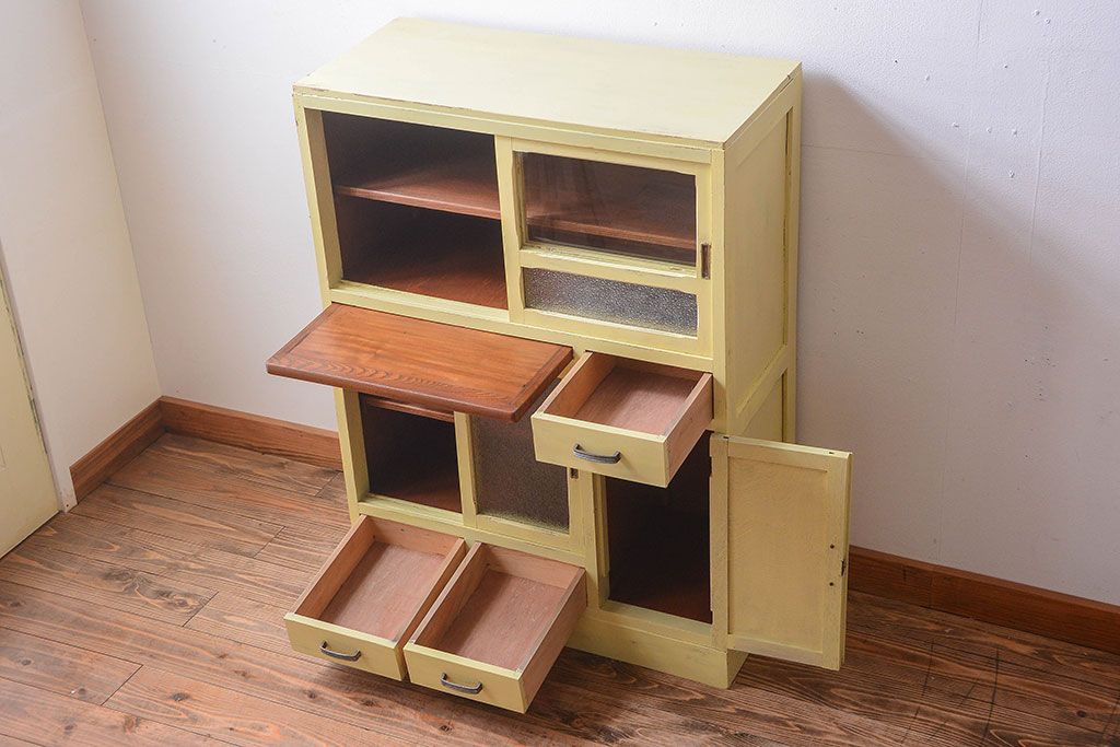 アンティーク家具　アンティークペイント　作業台付き!小さなキッチンキャビネット(食器棚・カップボード)