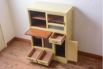 アンティーク家具　アンティークペイント　作業台付き!小さなキッチンキャビネット(食器棚・カップボード)