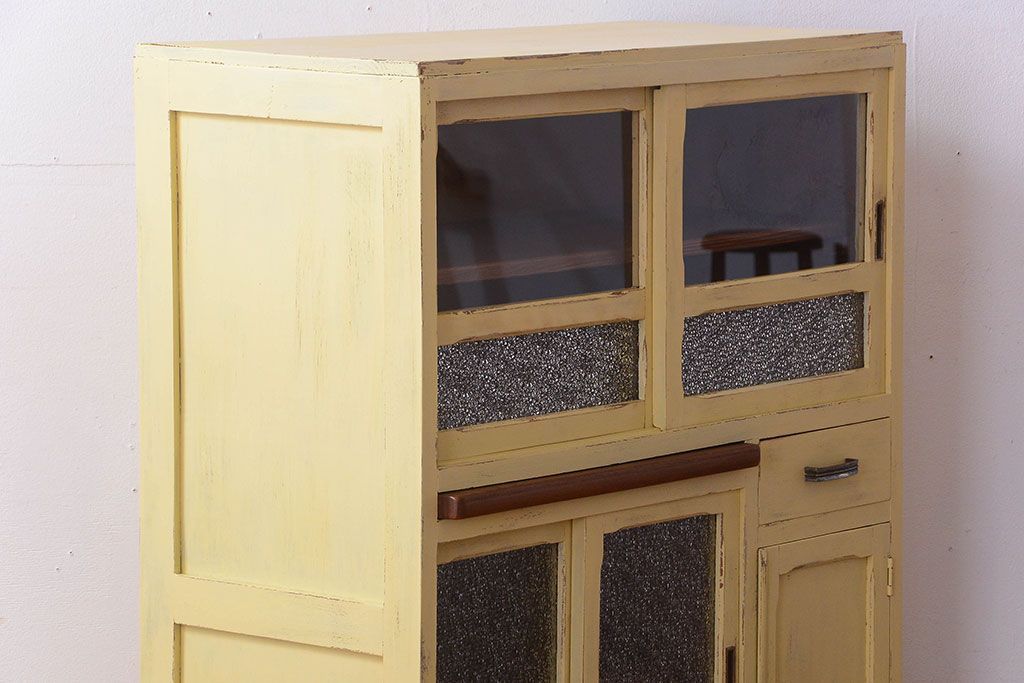 アンティーク家具　アンティークペイント　作業台付き!小さなキッチンキャビネット(食器棚・カップボード)
