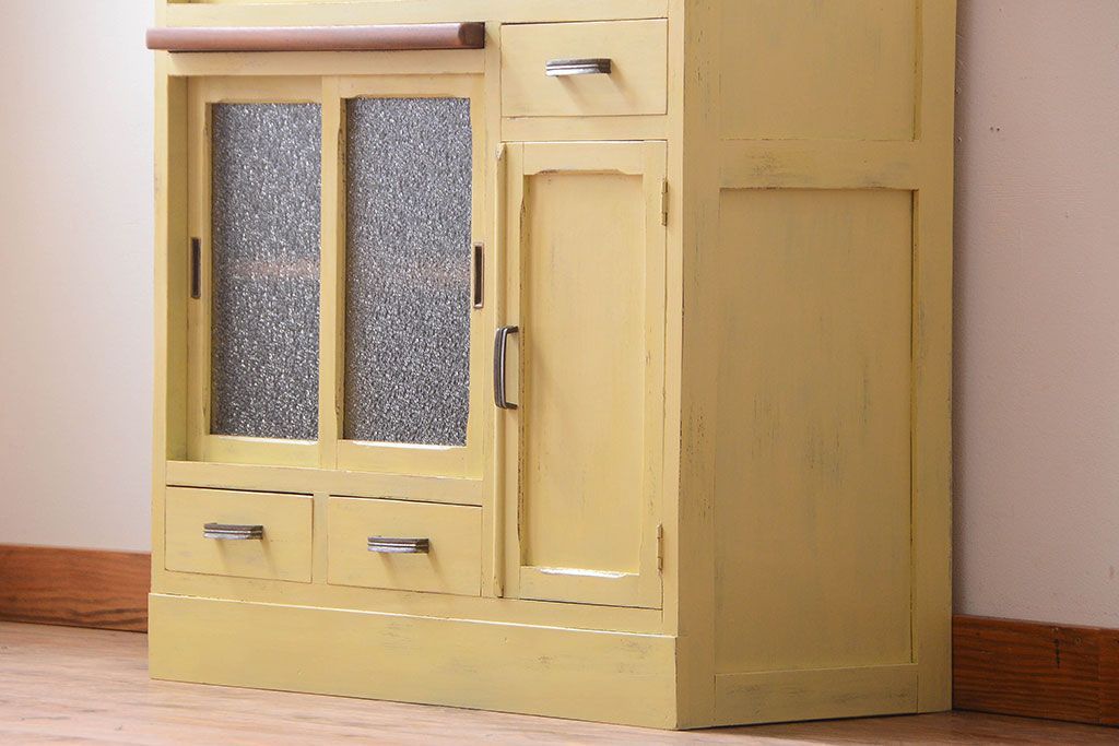 アンティーク家具　アンティークペイント　作業台付き!小さなキッチンキャビネット(食器棚・カップボード)