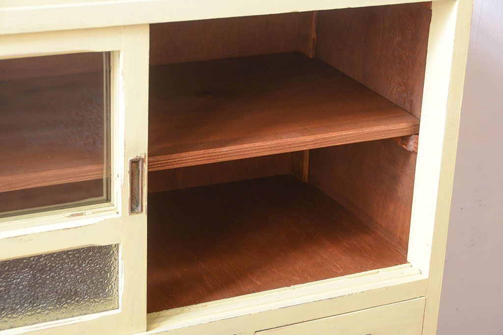 アンティーク家具　アンティークペイント　作業台付き!小さなキッチンキャビネット(食器棚・カップボード)