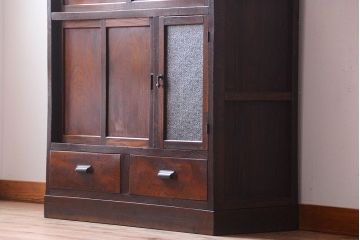 アンティーク家具　和製アンティーク　ダイヤガラス入り!小さなキッチンキャビネット(食器棚・収納棚)