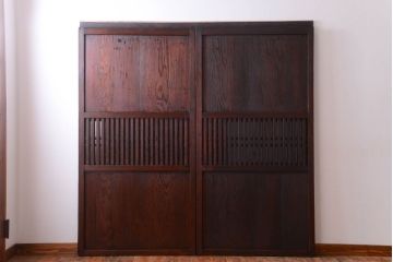 古民具・骨董　裏結霜ガラス入り!古い木の格子帯戸2枚セット(1)(ガラス帯戸)