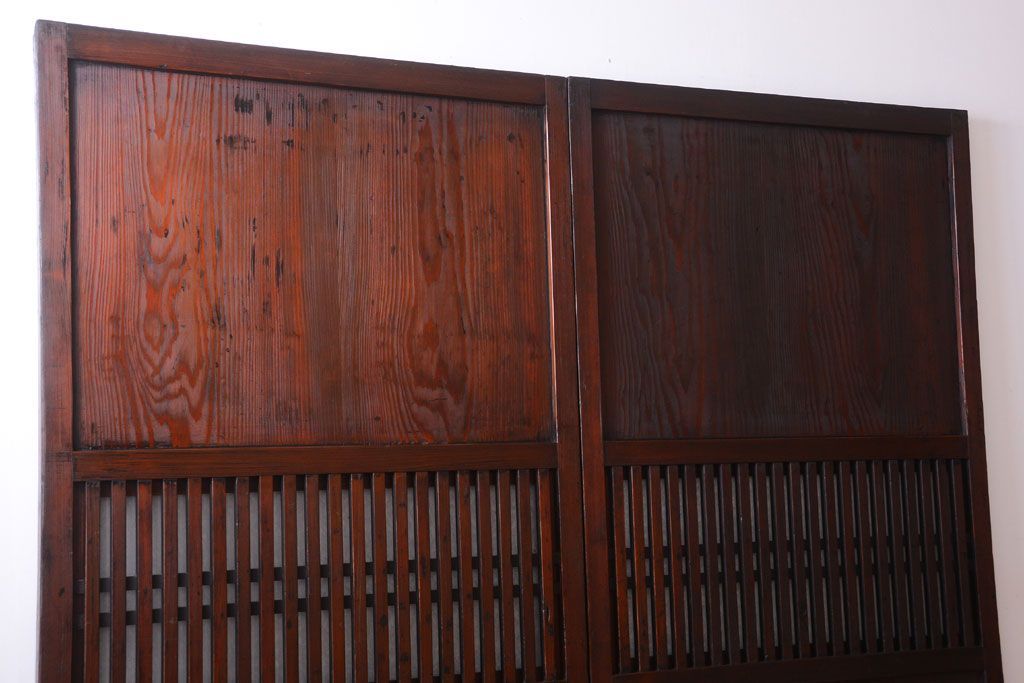 古民具・骨董　裏結霜ガラス入り!古い木の格子帯戸2枚セット(1)(ガラス帯戸)