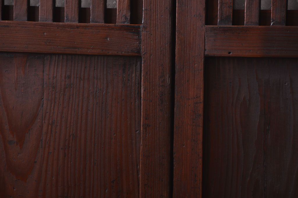 古民具・骨董　裏結霜ガラス入り!古い木の格子帯戸2枚セット(1)(ガラス帯戸)