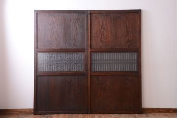 古民具・骨董　裏結霜ガラス入り!古い木の格子帯戸2枚セット(1)(ガラス帯戸)