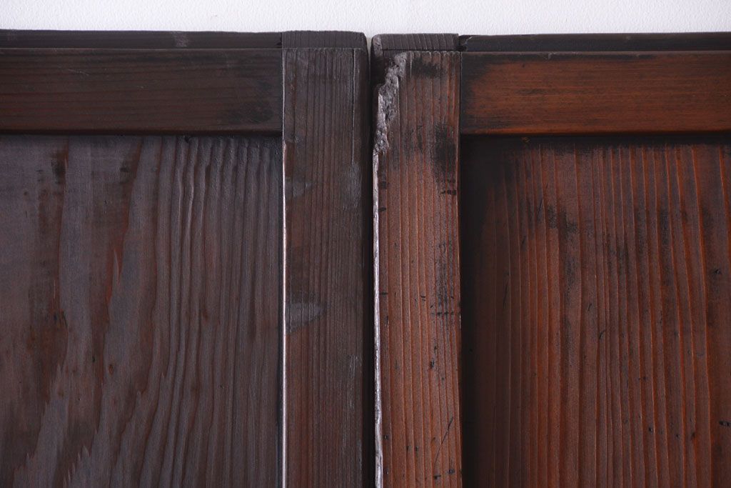 古民具・骨董　裏結霜ガラス入り!古い木の格子帯戸2枚セット(1)(ガラス帯戸)