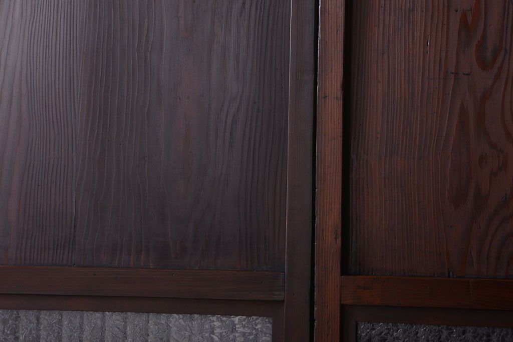 古民具・骨董　裏結霜ガラス入り!古い木の格子帯戸2枚セット(1)(ガラス帯戸)