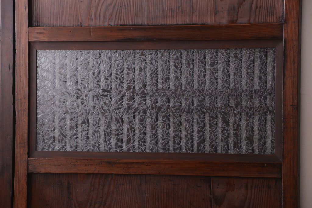 古民具・骨董　裏結霜ガラス入り!古い木の格子帯戸2枚セット(1)(ガラス帯戸)